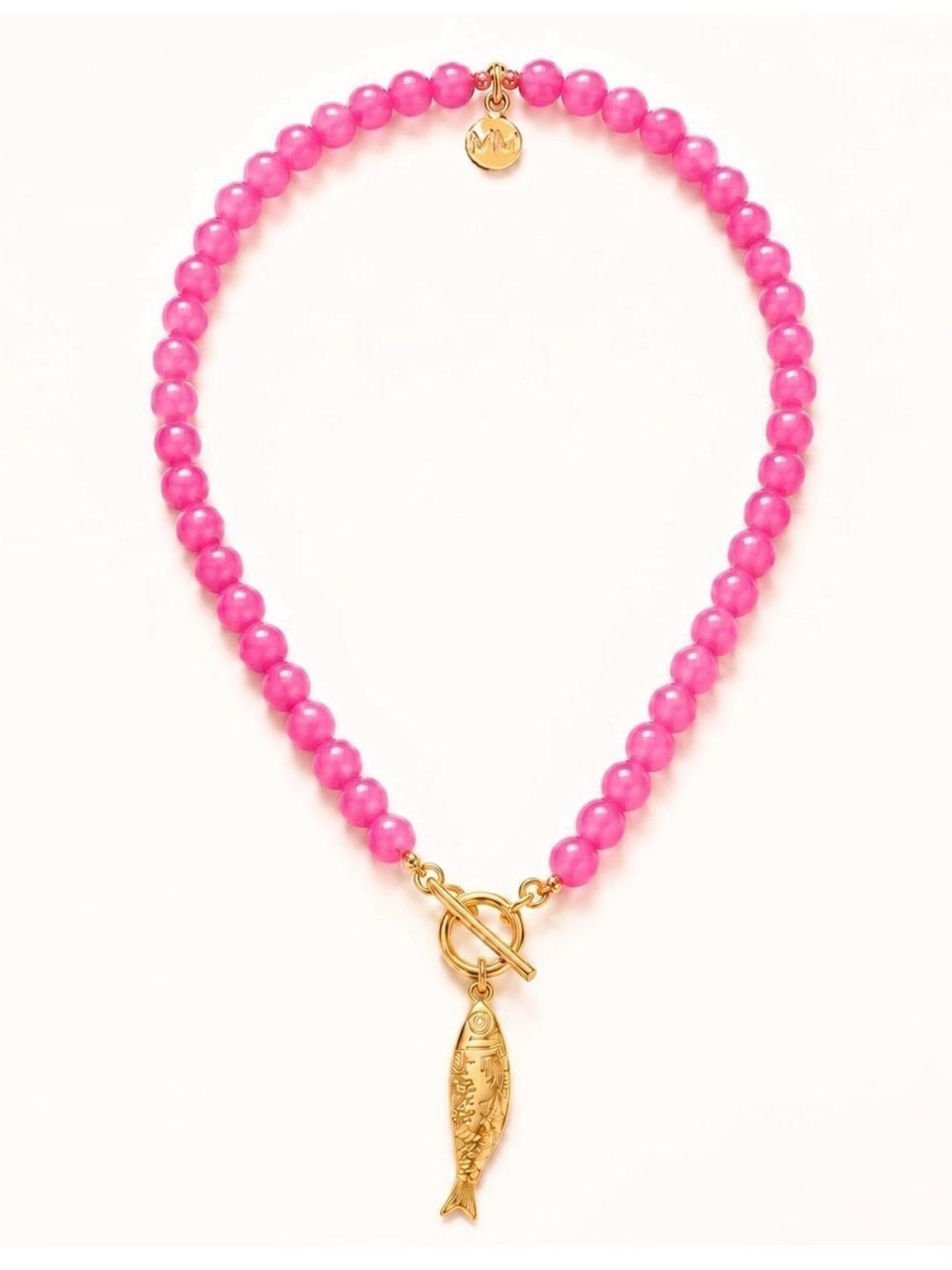 24k Gold plated - Fish Charm Pink Glass Beaded Necklace by Mayamar - Picture 2 of 2